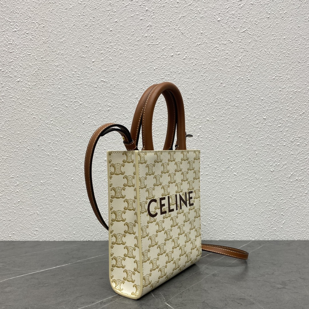 Celine Mini Vertical Cabas In Triomphe Canvas And Calfskin With Celine Print White 193302